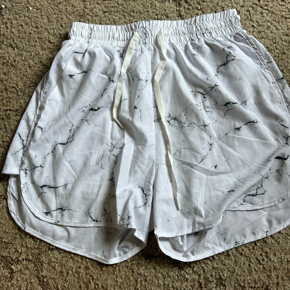 BuffBunny White Marble Athletic Shorts